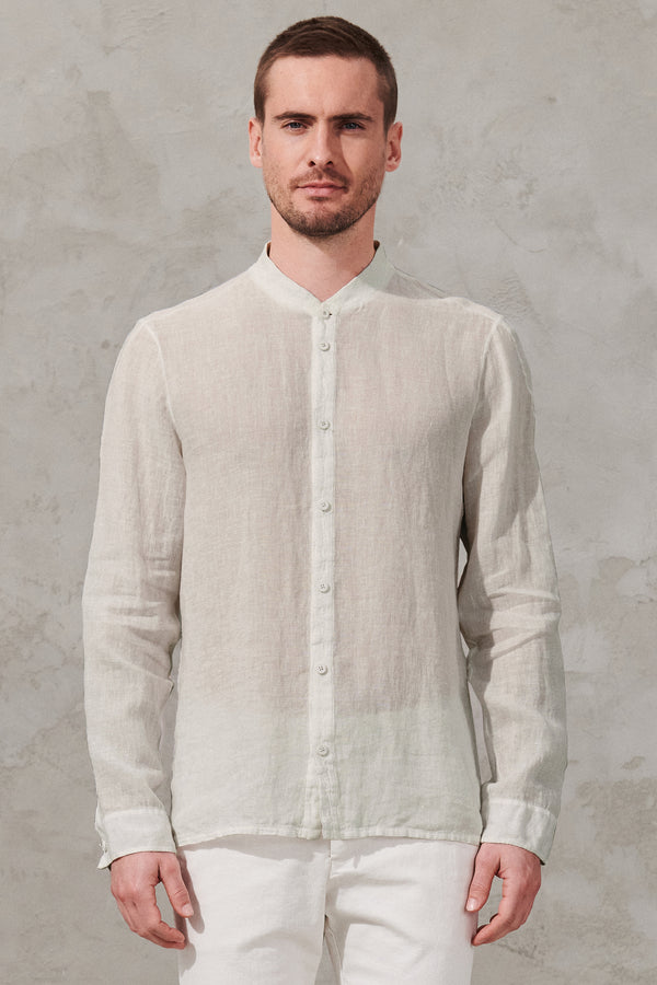 Regular-fit mao neck linen shirt with linen knit inserts. | 1011.CFUTRWV312.U02