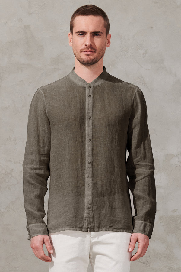Regular-fit mao neck linen shirt with linen knit inserts. | 1011.CFUTRWV312.U13