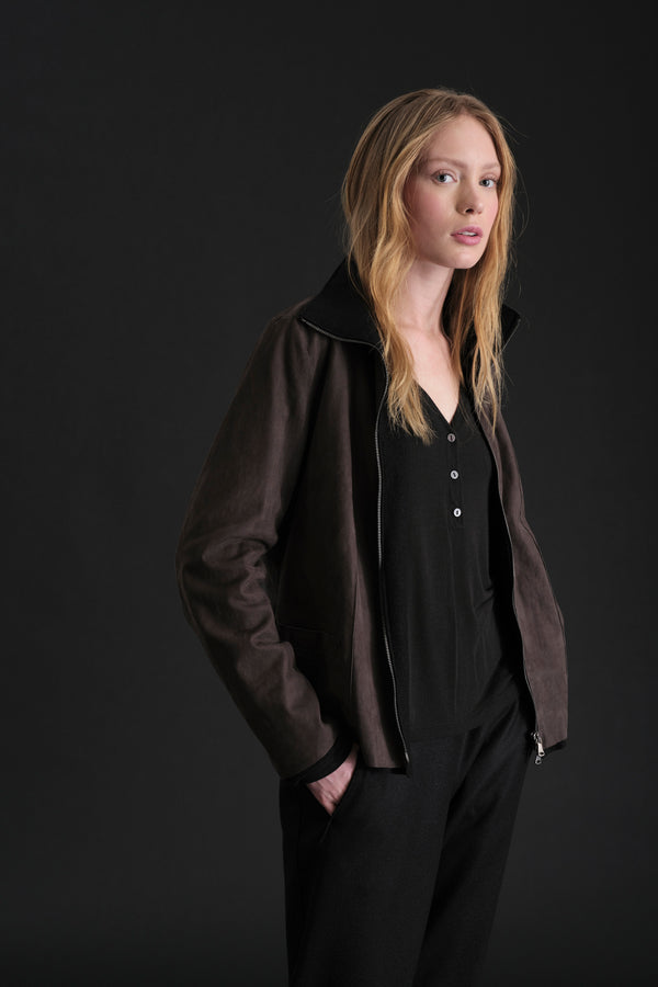 Jacke mit hohem Kragen und Reißverschluss aus gewachstem Leder und Wolltuch-Futter | 1019.CFDTRE3381.06