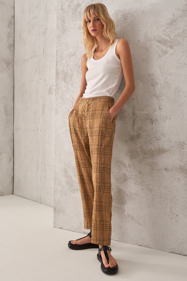 Checked comfort-fit trousers in embossed linen-cotton blend fabric | 1008.CFDTRTC121.22