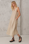 Long linen dress with pockets and viscose georgette inserts | 1008.CFDTRTD135.21